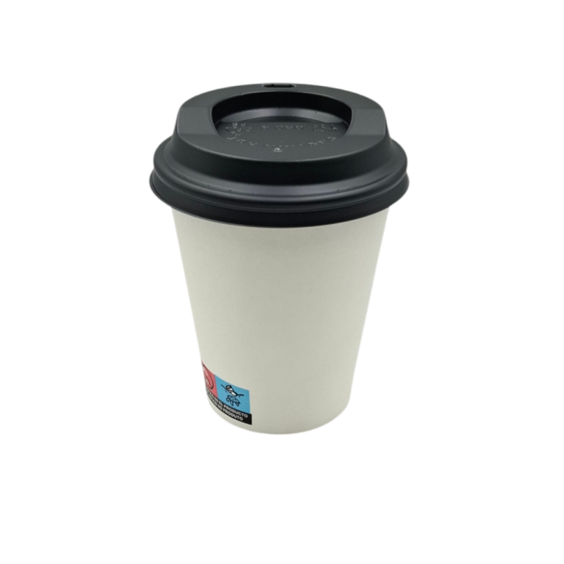 PACK VASO CARTÓN BLANCO 240ML + TAPA NEGRA 100 UDS