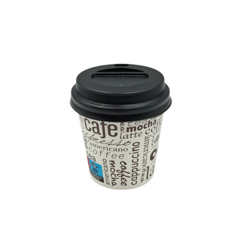 PACK VASO CARTÓN LETRAS 120ML + TAPA NEGRA 100 UDS