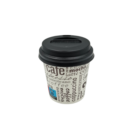 PACK VASO CARTÓN LETRAS 120ML + TAPA NEGRA 100 UDS