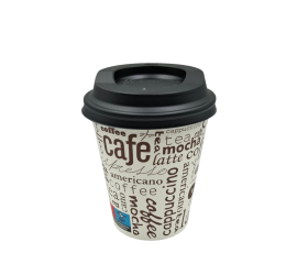 PACK VASO CARTÓN LETRAS 240ML + TAPA NEGRA. 