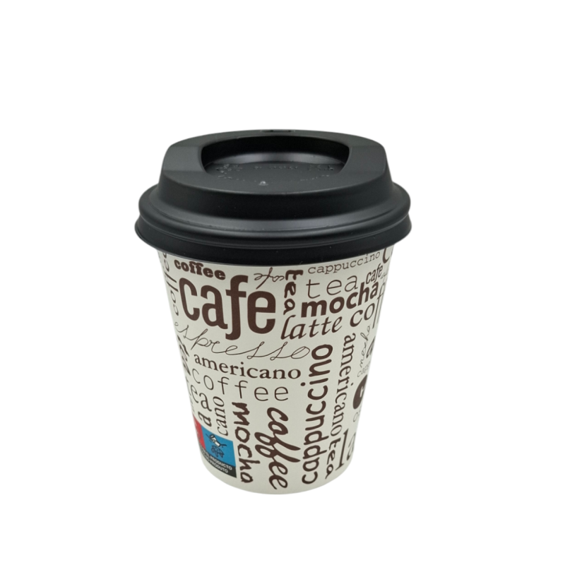 PACK VASO CARTÓN LETRAS 240ML + TAPA NEGRA. 
