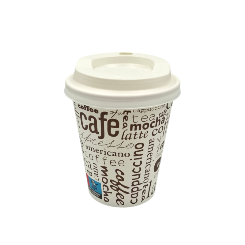 PACK VASO CARTÓN LETRAS 240ML + TAPA BLANCA 100 UDS