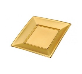 PLATO PLÁSTICO CUADRADO POSTRE ORO 17CM- 4UDS