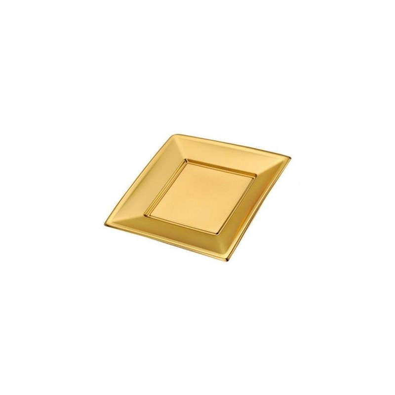 PLATO PLÁSTICO CUADRADO POSTRE ORO 17CM- 4UDS