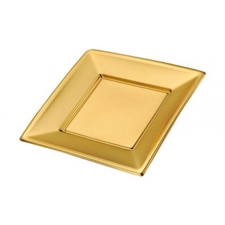PLATO PLÁSTICO CUADRADO POSTRE ORO 17CM- 4UDS