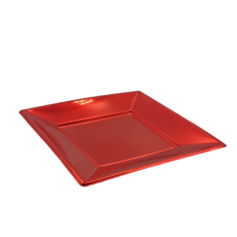 Plato desechable- Plato Plástico cuadrado- Platos Baratos Plásticos-Plato  cuadrado color rojo metalizado
